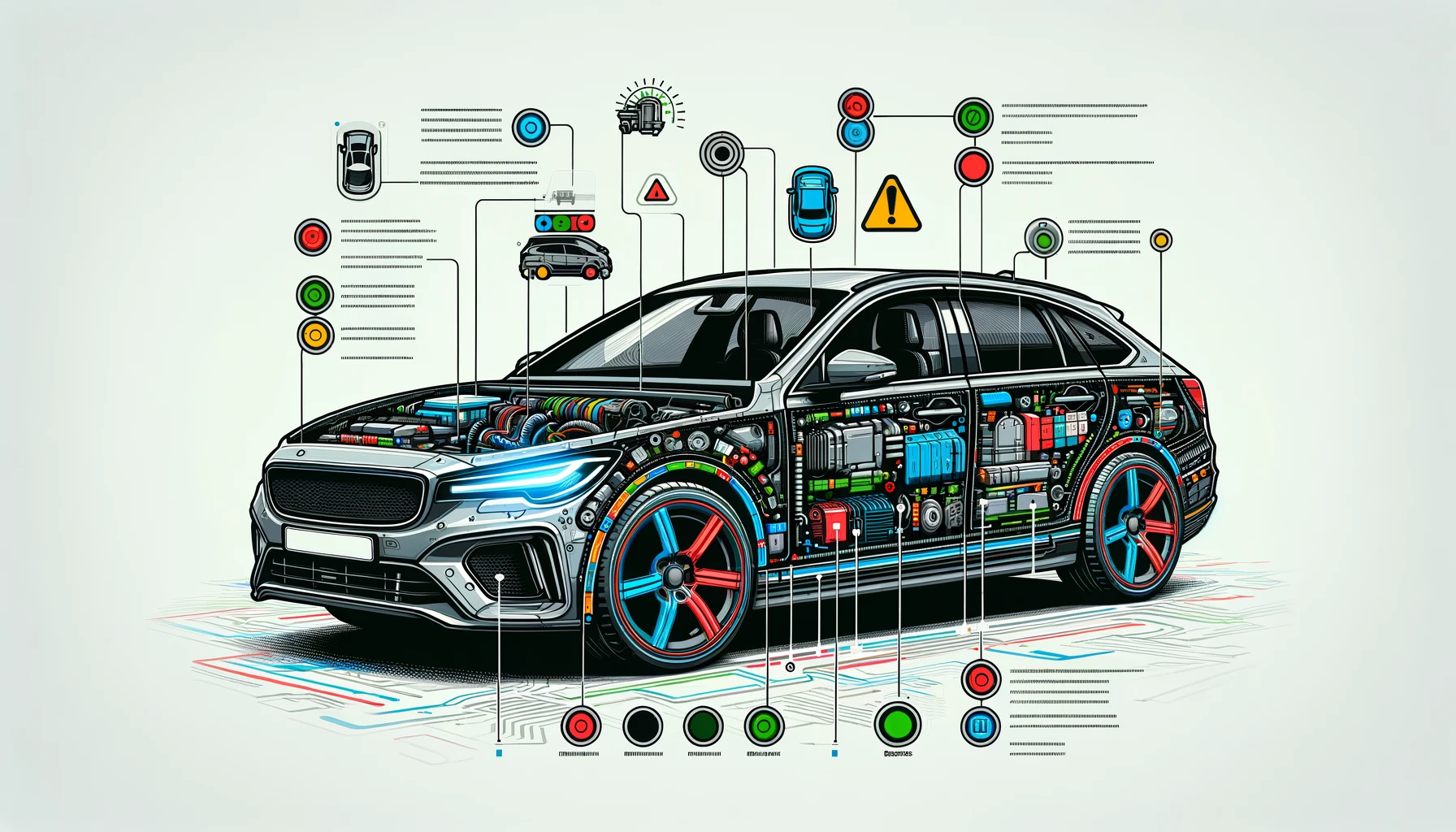 car with highlighted parts indicating common fault areas