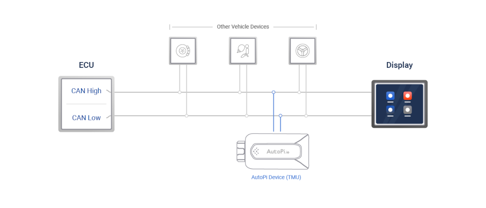ECU Network Connectivity Diagram Diagram highlighting ECU linked to vehicle devices and display via CAN bus.