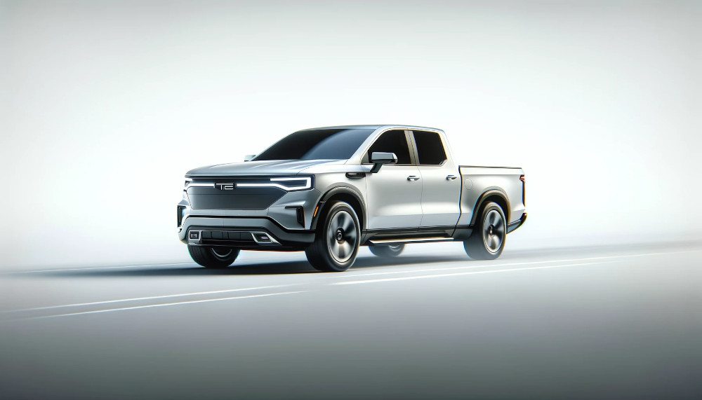 Electric Pick-Up Truck an electric pickup truck driving on a plain white background.