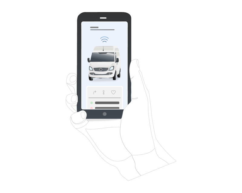 Mobile Telematics Control App Hand holding a smartphone displaying a vehicle monitoring app for telematics control.