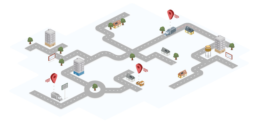 Fleet Management Overview Isometric view of trucks on roads with location pins, depicting a GPS tracking system.