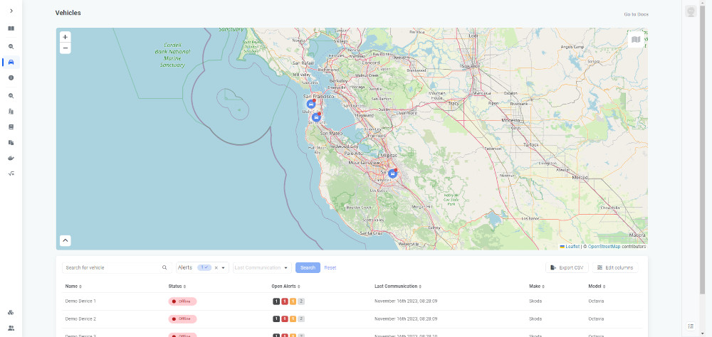 Real-Time Fleet Tracking with AutoPi Interface of AutoPi fleet management system with map view for vehicle tracking and status alerts.