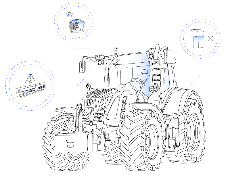 ISOBUS Tractor Interface Monitoring Line art of a tractor with highlighted ISOBUS system components for sensor and function management.