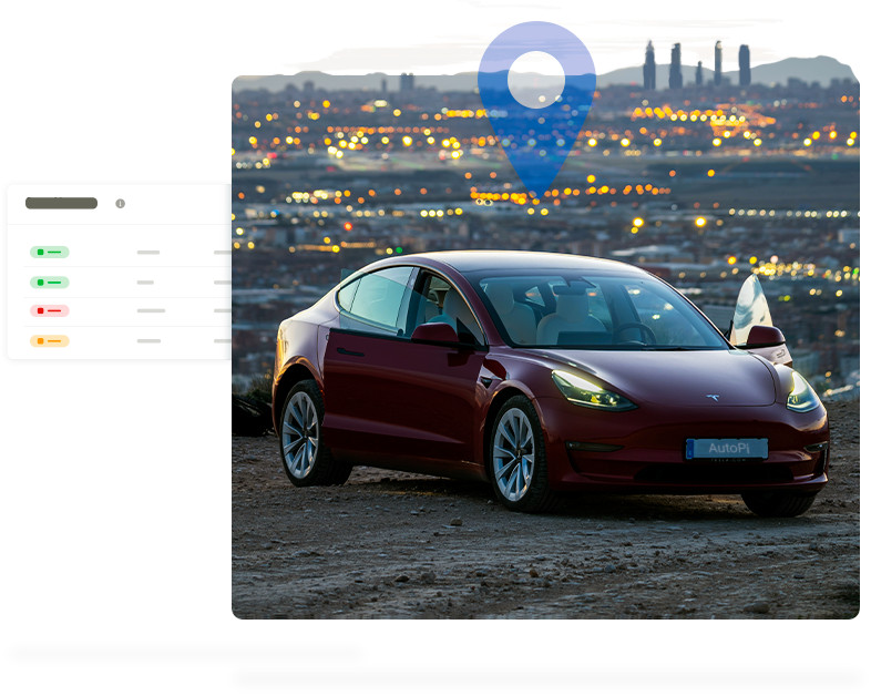 Diagnose 'Check Engine Light' with AutoPi Electric car on city backdrop displaying 'Check Engine Light' diagnostics on AutoPi device.
