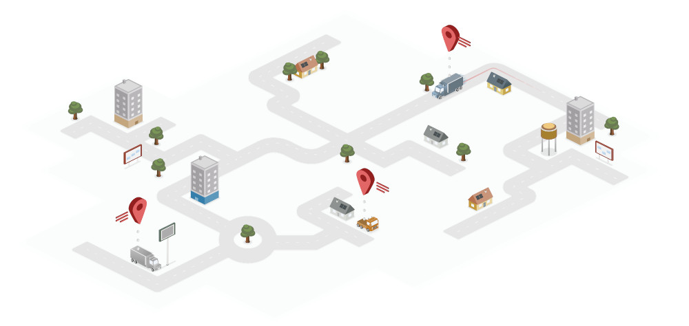 Smart GPS Tracking in Urban Planning Isometric city map with GPS markers for vehicles and buildings, depicting urban navigation and tracking.