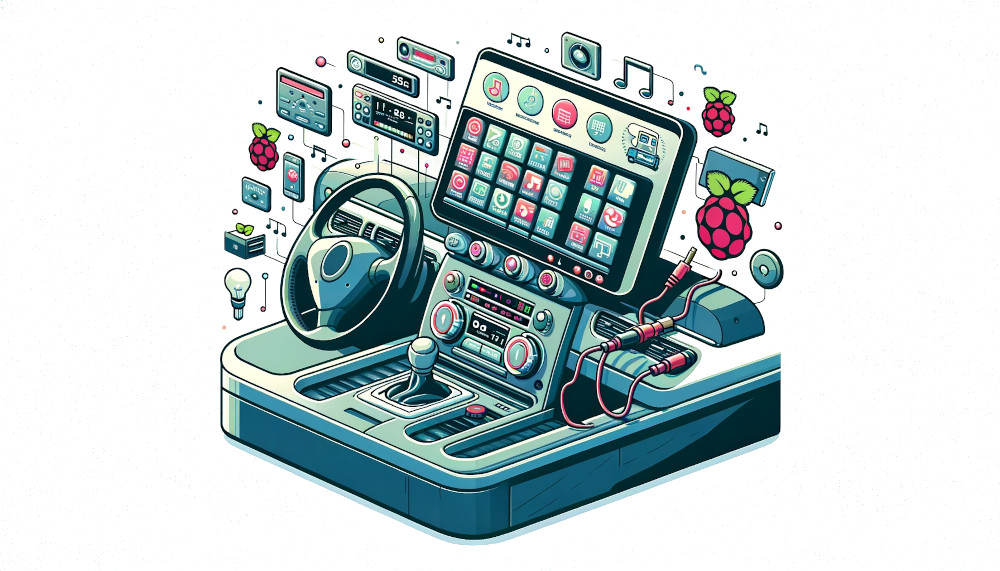 Raspberry Pi Infotainment Raspberry Pi integrated into a car's dashboard, with a large display screen showing a user interface.