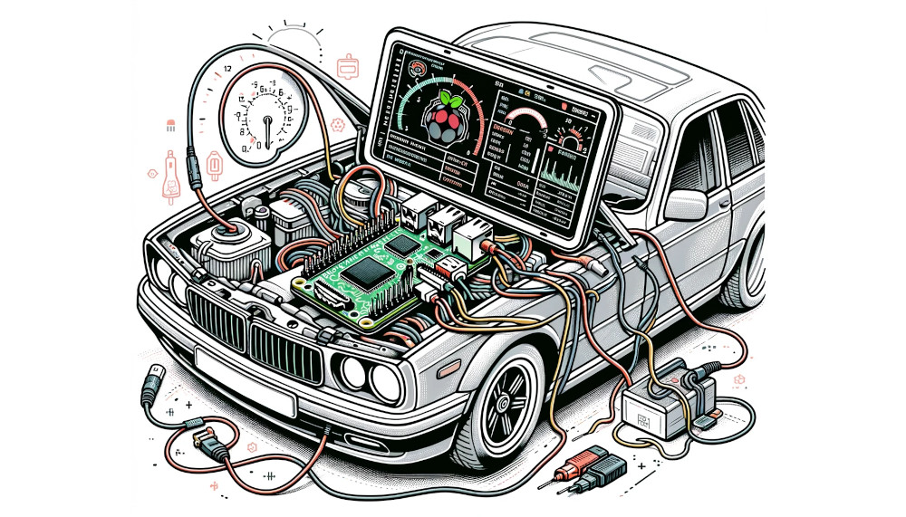 Raspberry Pi Car Diagnostics Raspberry Pi connected to a car's engine and electronic system