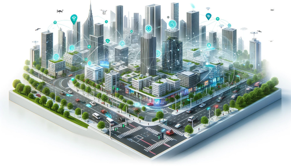 Futuristic Smart City with IoT Integration Illustration of a modern smart city with IoT connectivity, smart cars, and an advanced traffic system.