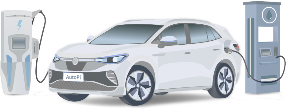 Plug-in Hybrid Electric Vehicle (PHEV) PHEV Vehicle charging up on electric and gasoline