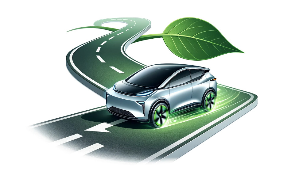 What is an EV? An electric vehicle driving on a road that transitions into a green leaf