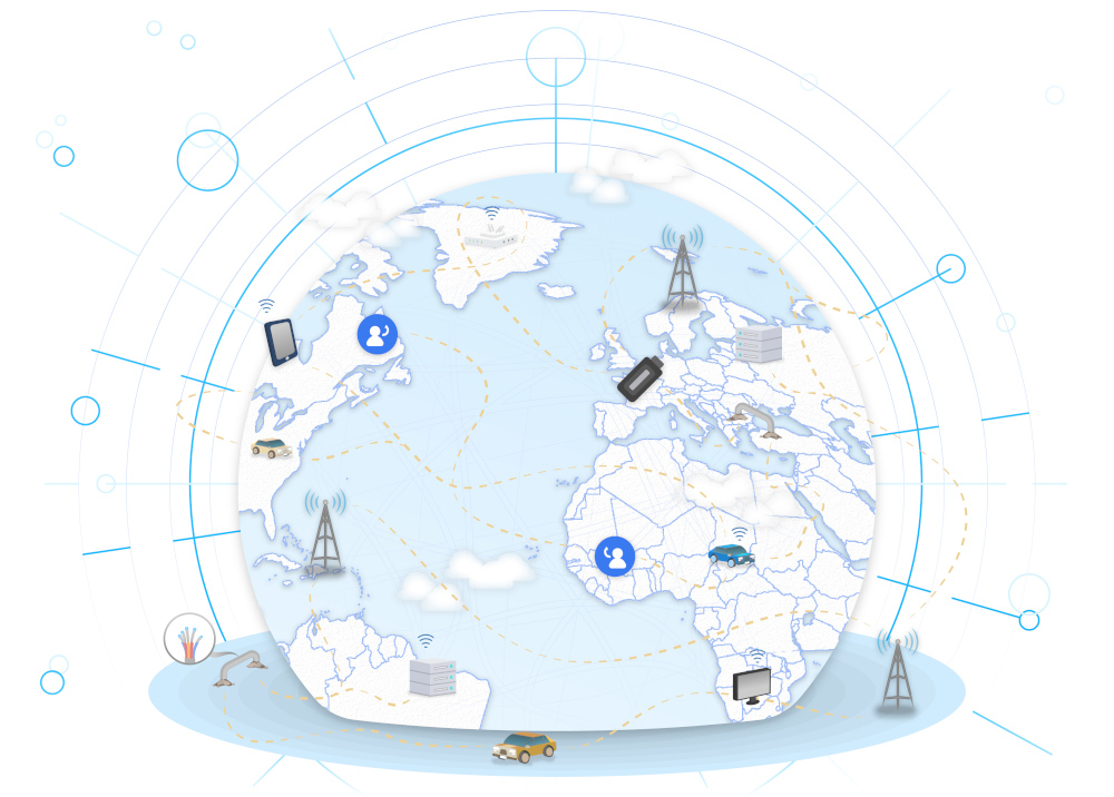 Stylized globe with network lines and digital icons, symbolizing worldwide connectivity.