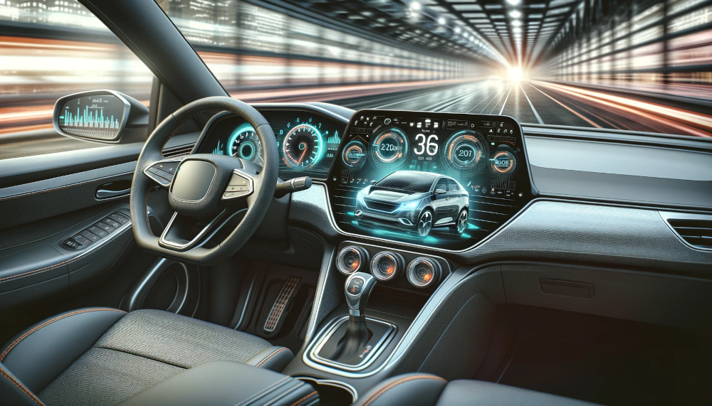 a modern car with a digital dashboard.